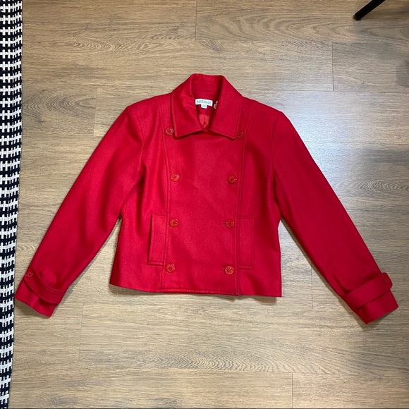 Red Wool Anne Taylor Cropped Pea Coat Size M - Picture 5 of 16